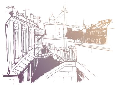 Altın renkli mürekkep ve çizilmiş el çizimi, izlenmiş vektör. Şehir manzarası, antik kilise, sokak kaldırımı, konut binaları, yarı bodrum katın giriş köprüsü.