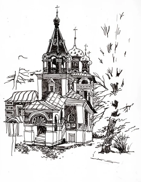 Czarno Biały Tusz Długopis Ręcznie Rysowane Krajobraz Starym Kościołem Stylu — Zdjęcie stockowe