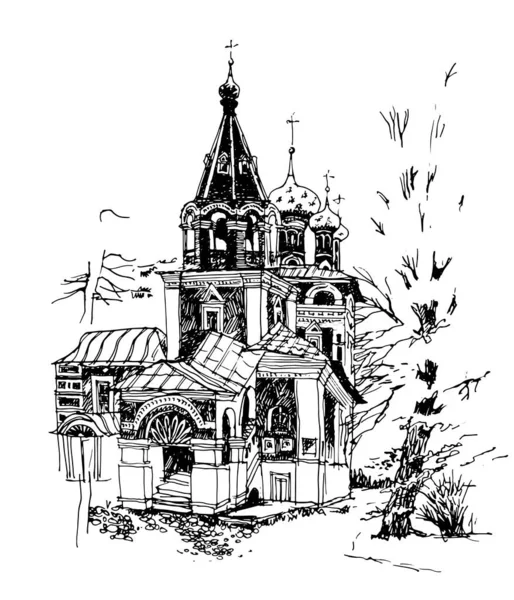 Vecteur Tracé Noir Blanc Paysage Dessiné Main Avec Ancienne Église — Image vectorielle