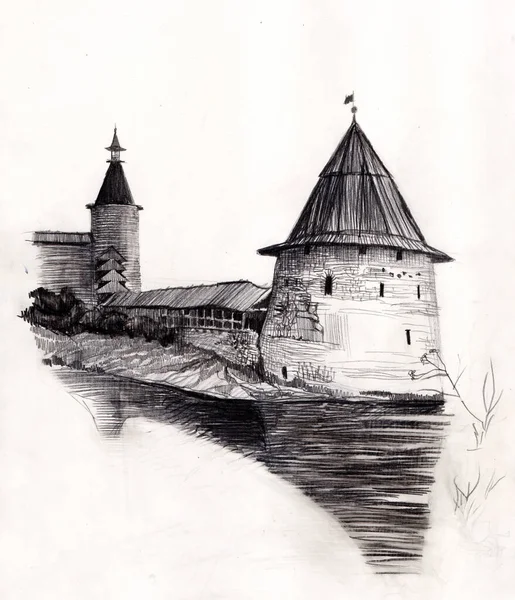 黑白相间的铅笔画在一张年代久远的米色纸上 从普斯科夫河看中世纪克里姆林宫古城堡 — 图库照片