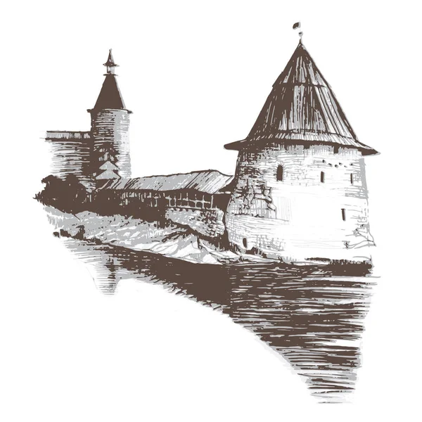 Vector Traced Hand Drawn Pencil Sketch View Ancient Medieval Kremlin — Stock vektor