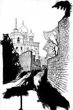 Eski tuğla kale duvarları ve Pskov 'daki Kremlin' in çan kulesiyle Trinity Katedrali manzarası. Eski mürekkep ve kalem çizimi 