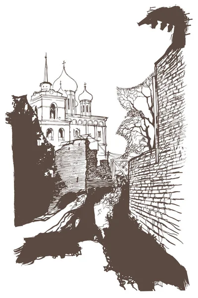 古代のレンガ造りの要塞の壁とプスコフのクレムリンの鐘楼とトリニティ大聖堂の眺め ベクトル線のインクとペンのスケッチ — ストックベクタ