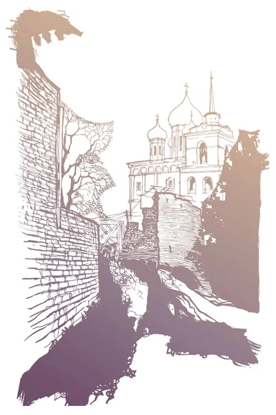 View Ancient Brick Fortress Walls Trinity Cathedral Bell Tower Kremlin — Image vectorielle