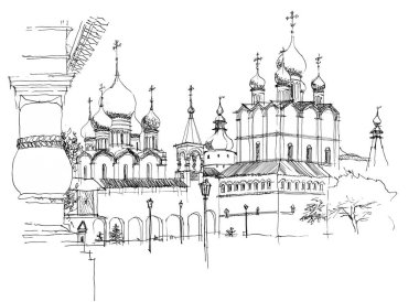 Rusya 'nın Rostov Kremlin kentinin mimari grubuyla siyah beyaz mürekkep ve kalem el çizimi. 