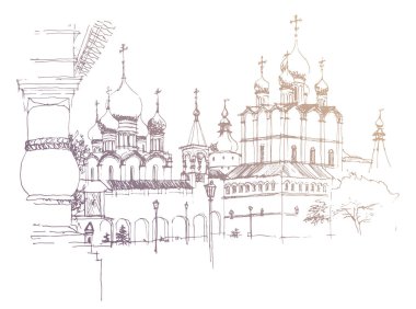 Vektör, Rusya 'nın Rostov Kremlin mimari grubuyla mürekkep ve kalem el çizimi yaptı. Beyaz arkaplanda altın renkli bir çizim