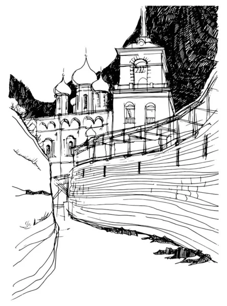 俯瞰古砖城墙和位于普斯科夫的克里姆林宫钟楼的三一主教座堂 矢量跟踪墨水和笔迹草图 — 图库矢量图片
