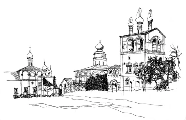 Black White Ink Pen Hand Drawn Landscape Monastery Saints Boris — Stockfoto