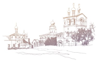 Vector traced ink and pen hand drawn landscape, gold colored sketch of monastery of Saints Boris and Gleb in the city of Yaroslavl, Russia 