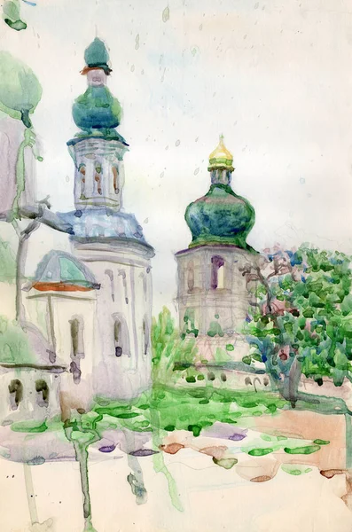 Watercolor Painted Landscape Sketch Fragment Cathedral Bell Tower Monastery City — стоковое фото