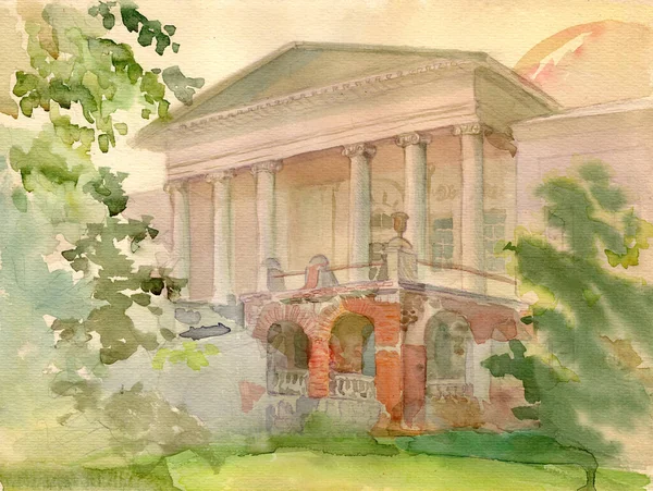 Watercolor Painted Landscape Sketch Garden Facade Antique Palace Village Chernihiv — стокове фото