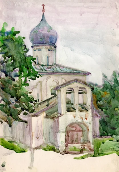 水彩画风景画 普斯科夫市古老的圣乔治教堂和钟楼墙 — 图库照片