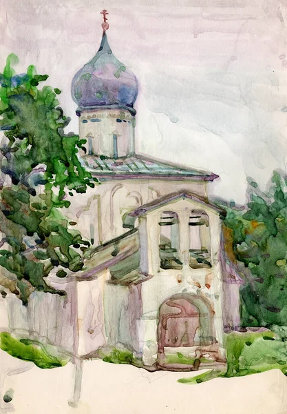 Esboço Paisagem Pintado Aquarela Antiga Igreja São Jorge Muro Campanário — Fotografia de Stock