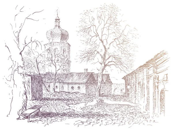 Çan kulesinin ve Chernigov 'daki manastır evlerinin el yapımı mürekkep ve kalem çizimi, eski binaların manzarası. Vektör izli altın renkli karalama çizimi 