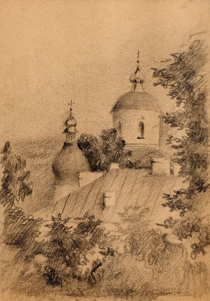 View Churches Domes Monastery Trees Kyiv Hand Drawn Vintage Pencil — Zdjęcie stockowe