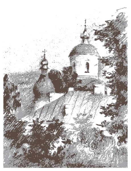 View Churches Domes Monastery Trees Kyiv Vector Traced Brown Grey — стоковый вектор