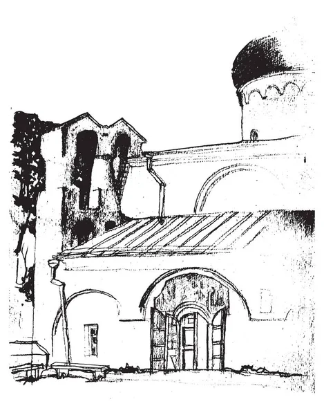 Vector Traced Drawn Pencil Landscape Sketch Ancient Church Mirozhskiy Monastery — Vector de stoc