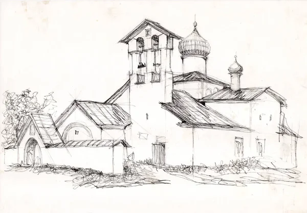 Vintage Τοπίο Σκίτσο Αρχαία Εκκλησία Στην Παραδοσιακή Αρχιτεκτονική Ρωσική Στυλ — Φωτογραφία Αρχείου