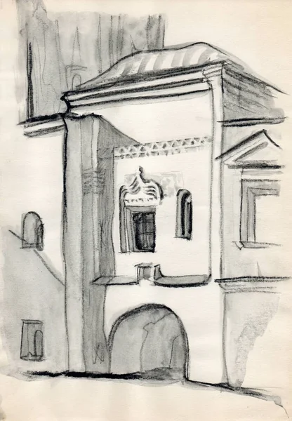 Watercolor Painting Sanguine Coal Architecture Sketch Ancient Monastery Back Yard — Fotografie, imagine de stoc