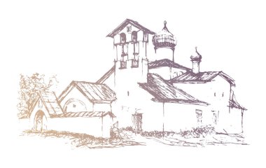 Vektör, geleneksel Rus mimari tarzında antik bir kilise olan klasik peyzaj eskizini takip etti.