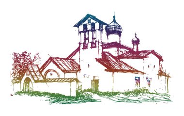 Vektör, geleneksel Rus mimari tarzında antik bir kilise olan klasik peyzaj eskizini takip etti.