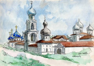 Suluboya mimari mürekkep ve kalem çizimi. Velikiy Novgorod 'daki Yuriev Manastırı