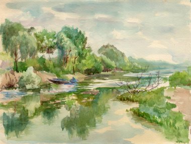 Watercolor painted landscape with a picturesque small river, boat and old trees in cloudy spring day