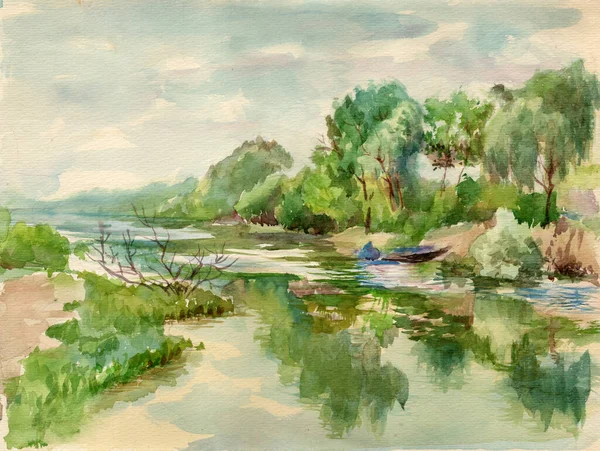 Watercolor painted landscape with a picturesque small river, boat and old trees in cloudy spring day