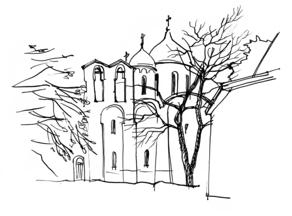 Tinta Preta Branca Caneta Desenhada Mão Paisagem Arquitetônica Igreja Com — Fotografia de Stock