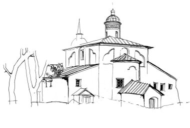 Siyah beyaz mürekkep ve kalem el çizimi mimari manzara, Rusya 'da çan kulesi olan ortaçağ kilisesi. 