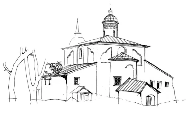 Black White Ink Pen Hand Drawn Architectural Landscape Medieval Church — Photo