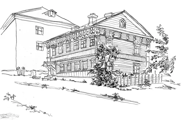 Vintage Landscape Drawn Ink Pen Ancient Residential Wooden House Carved — стокове фото