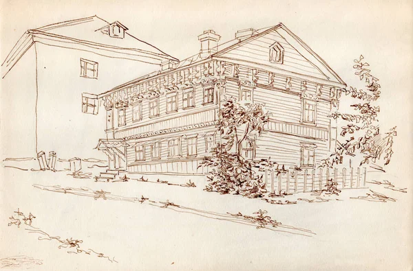 Vintage Landscape Drawn Aged Paper Brown Ink Pen Ancient Residential — стокове фото