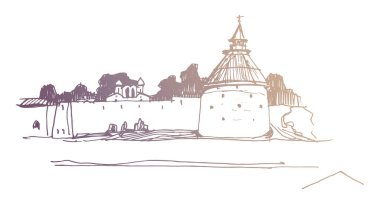 Altın renkli vektör eskiz çiziminin izini sürdü. Pskov 'daki nehirden antik ortaçağ Kremlin kalesinin manzarası