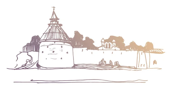 Gold Colored Vector Traced Sketch Drawing View Ancient Medieval Kremlin — стоковый вектор