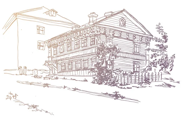 ヴィンテージゴールド色の風景 ベクトルプスコフの古い通りに刻まれた装飾と古代の住宅木造住宅を追跡 — ストックベクタ