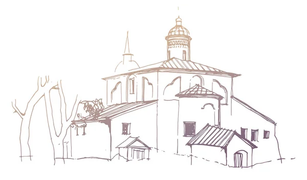 Gold Colored Vector Traced Hand Drawn Architectural Landscape Medieval Church — Stockvector