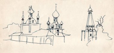 Eski soluk kağıda eski mürekkep ve kalem el çizimi, doğrusal çizim, eski Rus tarzında soğan kubbeli bir kilise ve kalça çatılı bir çan kulesi.