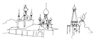 Black and white ink and pen hand drawn landscape, linear sketch, a church in the ancient Russian style with onion domes and a bell tower with a hipped roof