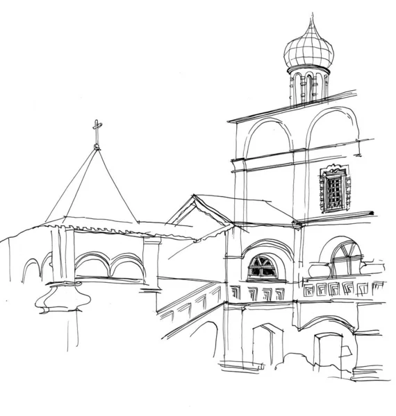 黒と白のインクとペンの手は ロシアの屋根をヒップと建築景観 中世の教会やアーチ型の石のポーチを描きました — ストック写真