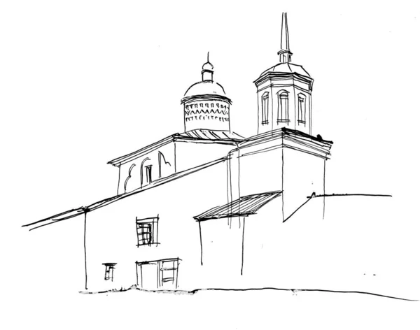 黒と白のインクとペンの手は ロシアの鐘楼と建築景観 中世の教会を描きました — ストック写真