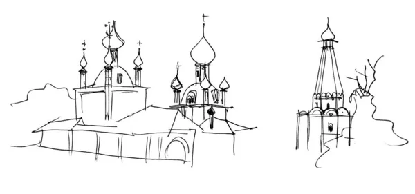 Black White Ink Pen Hand Drawn Landscape Linear Sketch Church — Stockfoto
