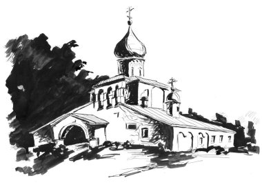 Mürekkep, kalem ve fırçayla çizilmiş siyah beyaz mimari manzara Rusya 'da çan kulesi duvarı olan ortaçağ kilisesi. 