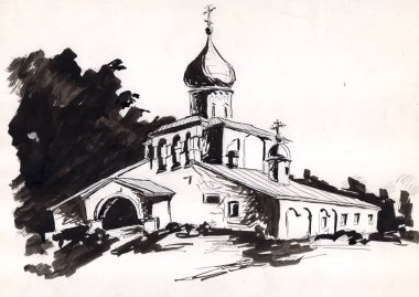 Eski bir kağıt üzerine mürekkep, kalem ve fırçayla çizilmiş klasik mimari manzara Rusya 'da çan kulesi duvarı olan ortaçağ kilisesi. 