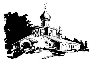 Vektör, mürekkep, kalem ve fırçayla çizilmiş siyah ve beyaz mimari manzaranın izini sürdü, Rusya 'da çan kulesi duvarı olan ortaçağ kilisesi. 