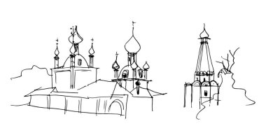 Eski Rus tarzında kilise soğan kubbeleri ve kalça şeklinde çatısı olan çan kulesi. Siyah ve beyaz vektör çizgisel mürekkep ve kalem çiziminin izini sürdü
