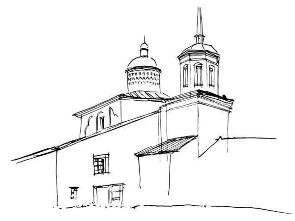벡터는 하얀색 잉크와 펜으로 풍경화를 했는데 러시아에서 타워가 교회였다 — 스톡 벡터