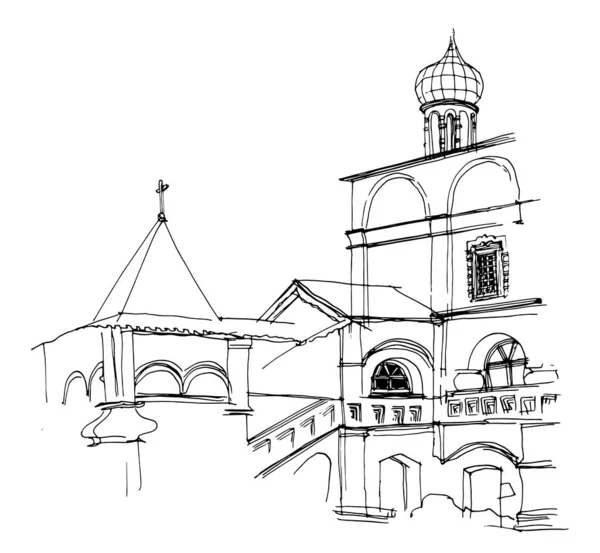中世の教会やロシアの屋根のヒップアーチ型の石のポーチ ベクターは黒と白のインクとペンの手の建築風景を描いた — ストックベクタ