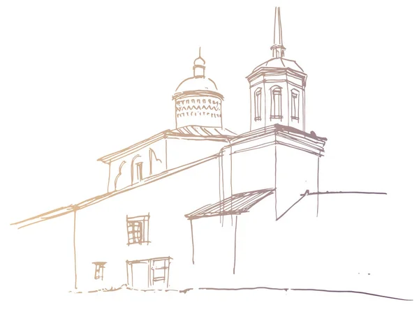 Średniowieczny Kościół Dzwonnicą Rosji Złoty Wektor Kolorowy Ślad Atramentu Pióro — Wektor stockowy