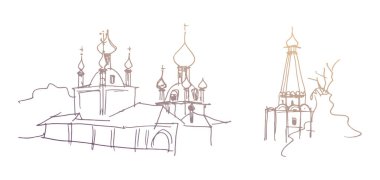 Eski Rus tarzında kilise soğan kubbeleri ve kalça şeklinde çatısı olan çan kulesi. Altın renkli vektör çizilmiş doğrusal mürekkep ve kalem çizimi